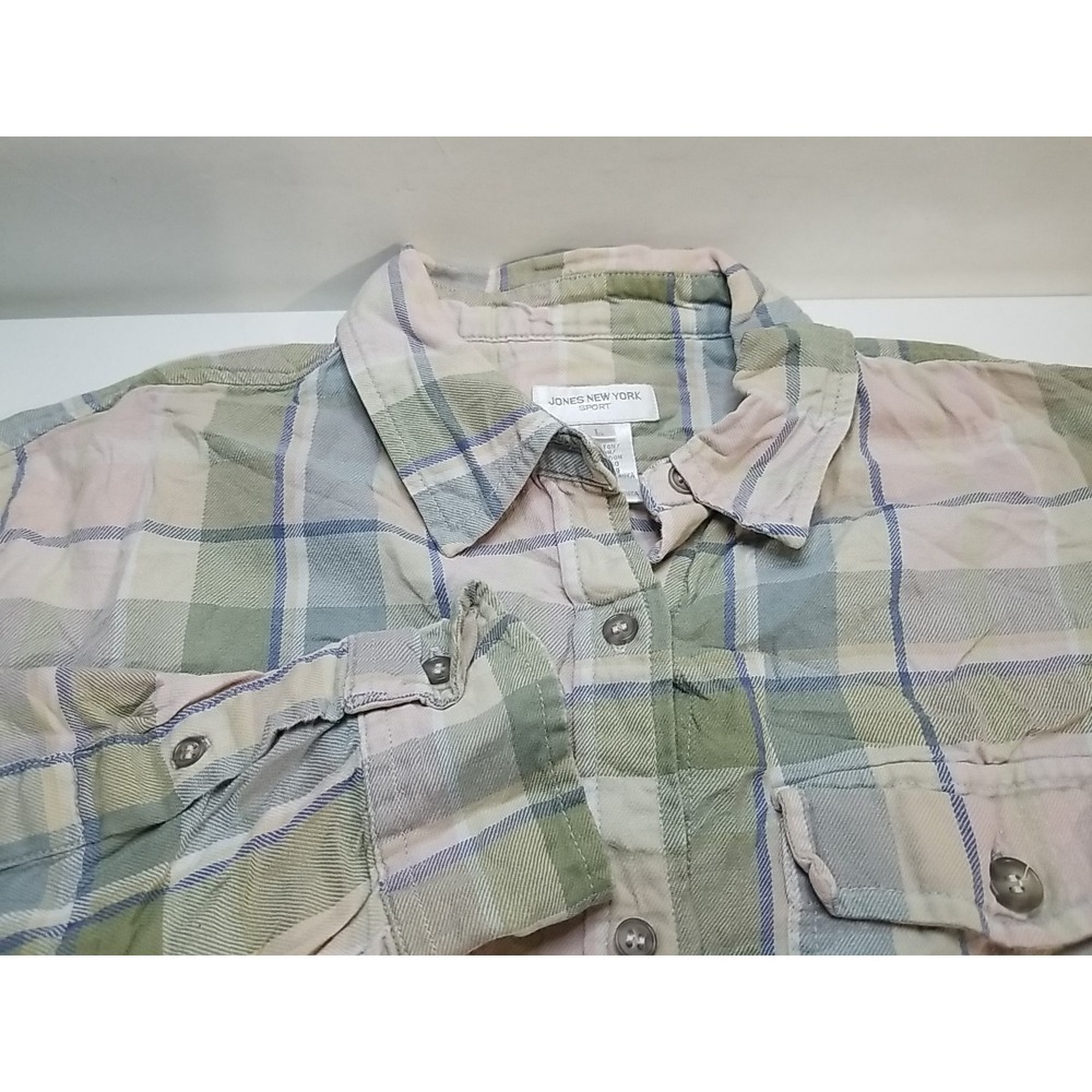 Jones New York Sport Womens Large Plaid Flannel Button Up Shirt Long Sleeve